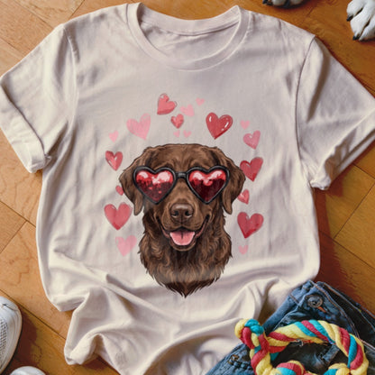A light cream t-shirt with a graphic of a brown dog wearing heart-shaped sunglasses surrounded by pink hearts.