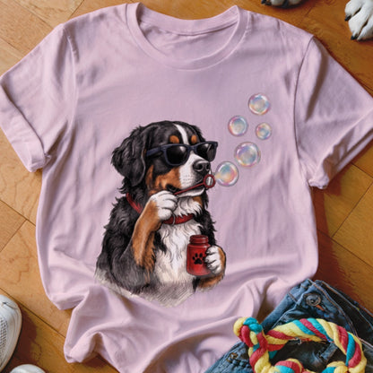 A pink t-shirt features a graphic of a Bernese Mountain Dog wearing sunglasses and blowing bubbles.