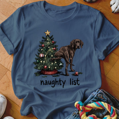 Brown dog pees on Christmas tree with "naughty list" text below.
