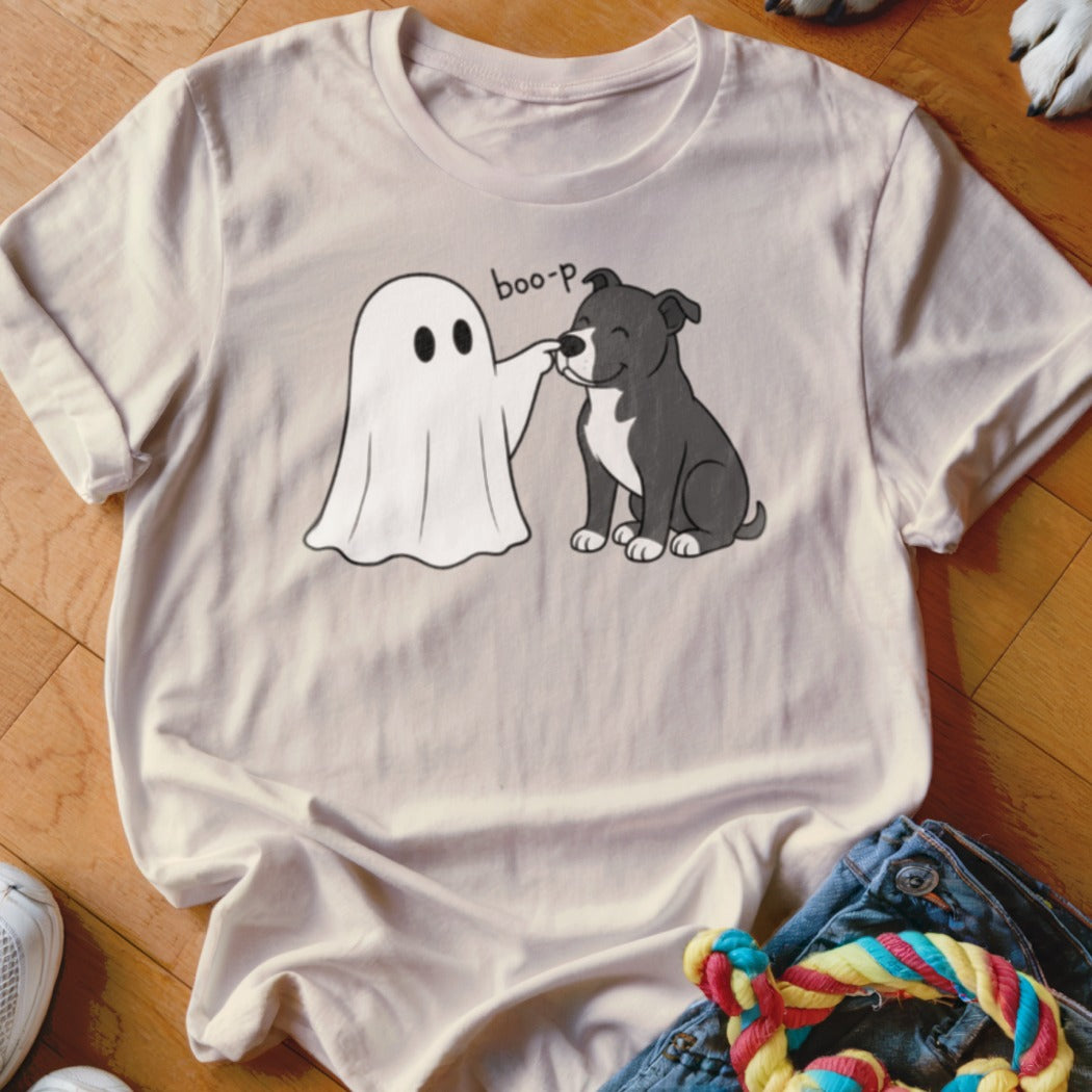 Ghost booping nose of a cute dog with text "boo-p" on a t-shirt.
