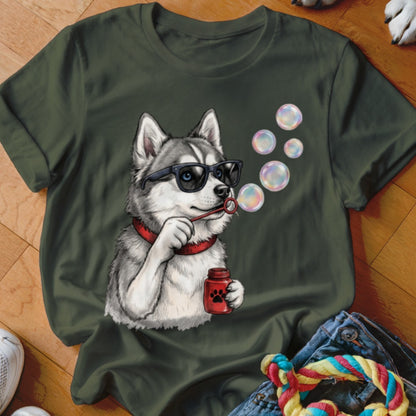 Dark green t-shirt featuring a graphic of a husky wearing sunglasses and blowing soap bubbles.