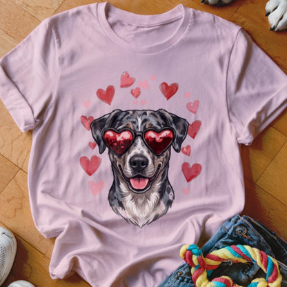 Light pink crewneck t-shirt featuring a graphic of a spotted dog wearing heart-shaped sunglasses surrounded by floating hearts.