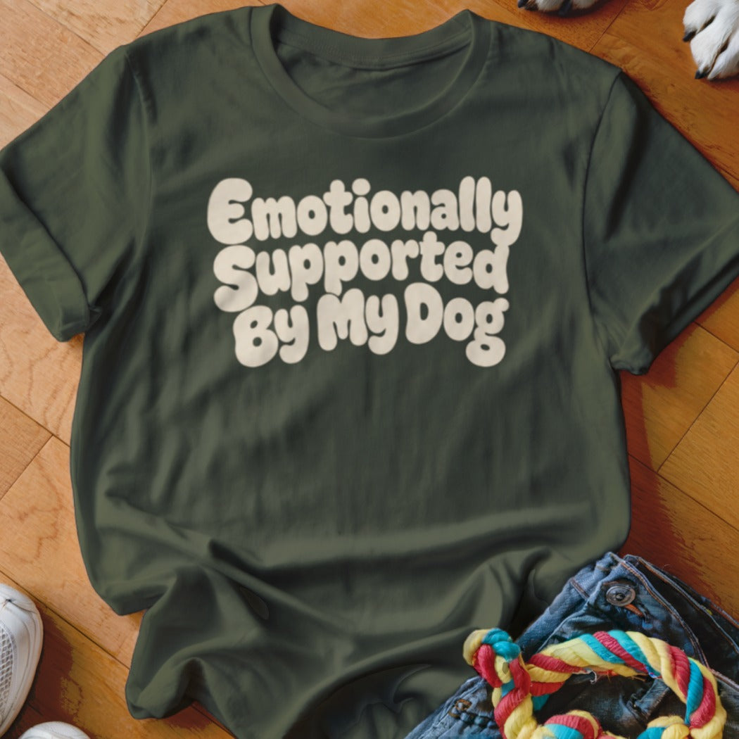 Dark green t-shirt with white text "Emotionally Supported By My Dog".