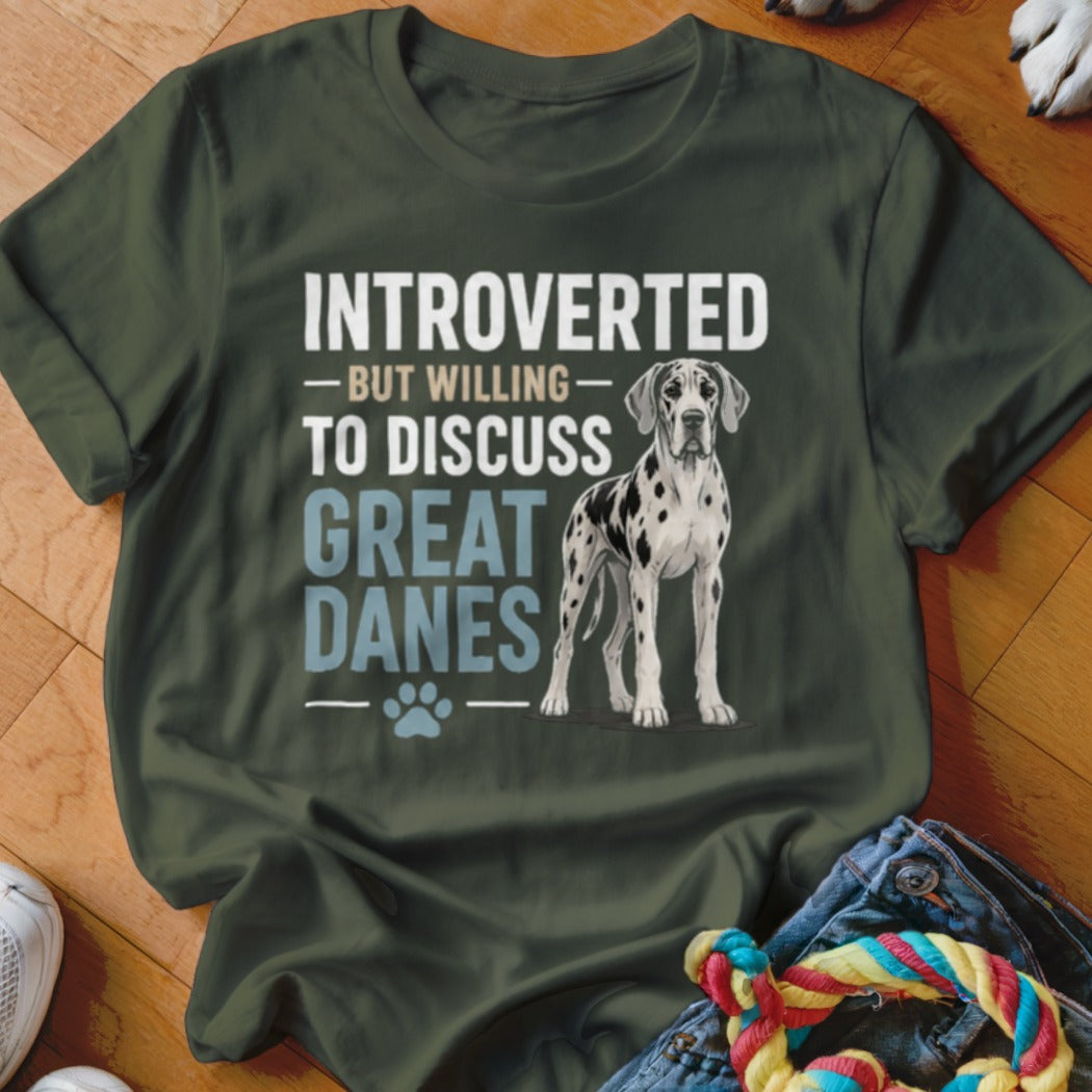 Green t-shirt with "Introverted but willing to discuss Great Danes" text and a Great Dane.