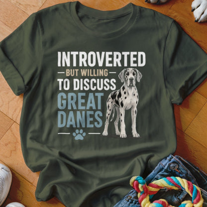 Green t-shirt with "Introverted but willing to discuss Great Danes" text and a Great Dane.
