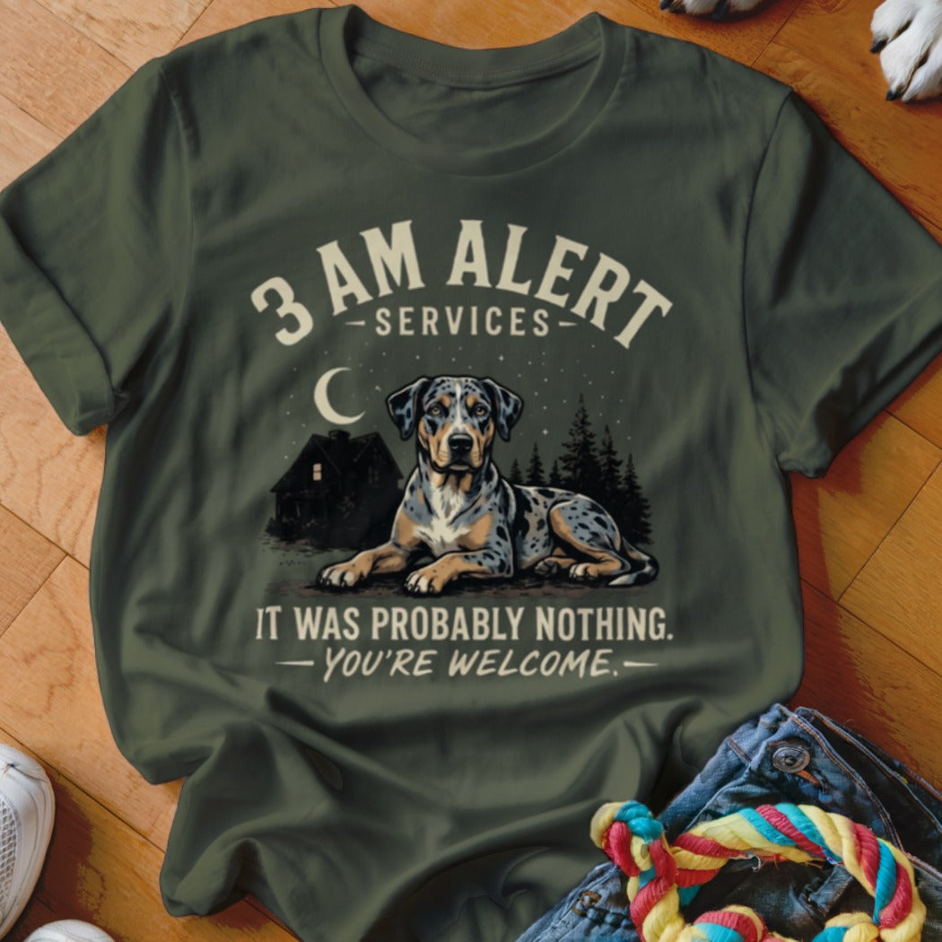 Green t-shirt with a Catahoula dog, house, and text "3 AM ALERT SERVICES".
