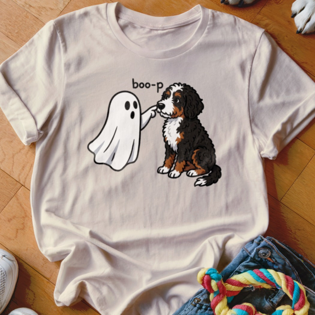 Bernese Mountain Dog puppy being booped by a ghost with "boo-p" text.