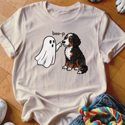 Bernese Mountain Dog puppy being booped by a ghost with "boo-p" text.