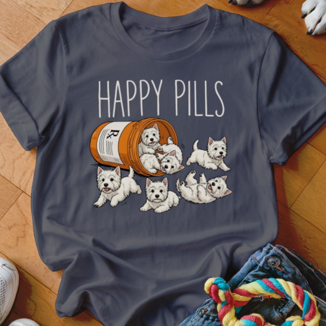 T-shirt with "HAPPY PILLS" text and a pill bottle spilling West Highland White Terriers.