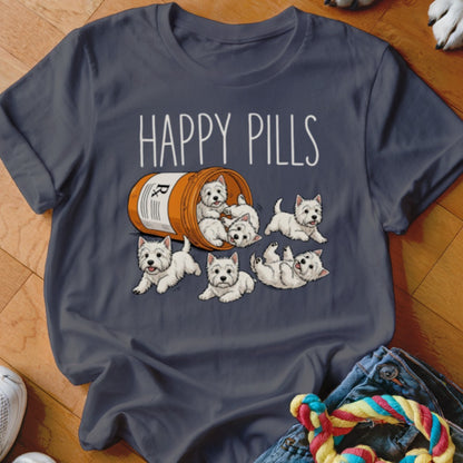 T-shirt with "HAPPY PILLS" text and a pill bottle spilling West Highland White Terriers.