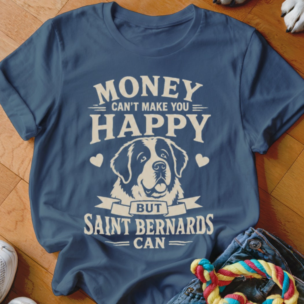 Blue t-shirt with text "MONEY CAN'T MAKE YOU HAPPY BUT SAINT BERNARDS CAN" and dog illustration.
