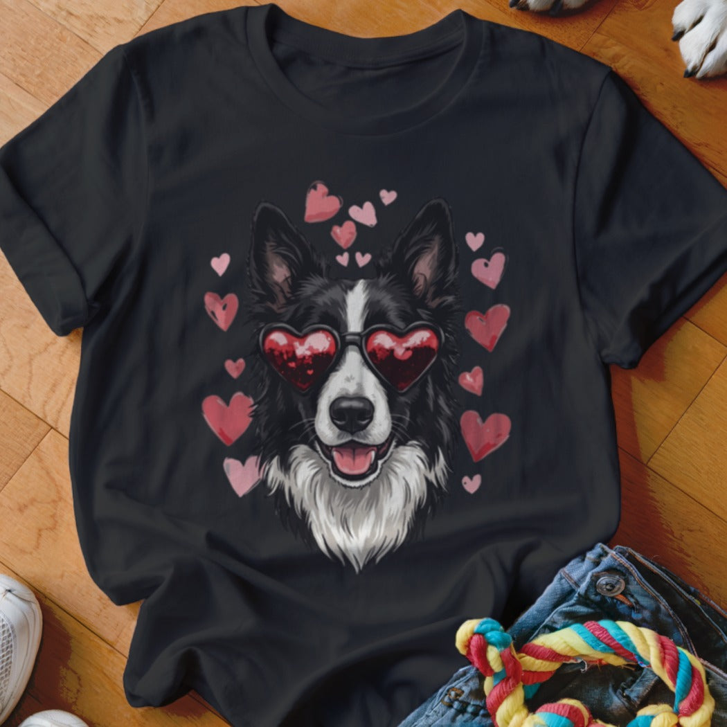 Black t-shirt featuring a graphic of a black and white dog wearing heart sunglasses surrounded by pink hearts.