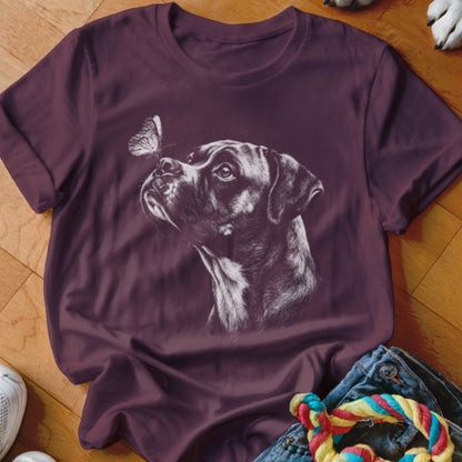 A dark purple crewneck t-shirt featuring a white sketch of a boxer dog looking at a butterfly.