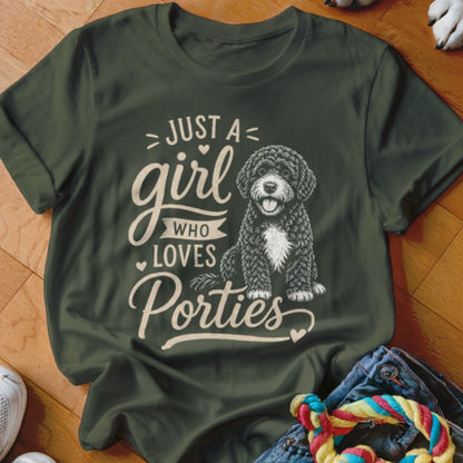 Green t-shirt with "Just a girl who loves Porties" and a dog illustration.