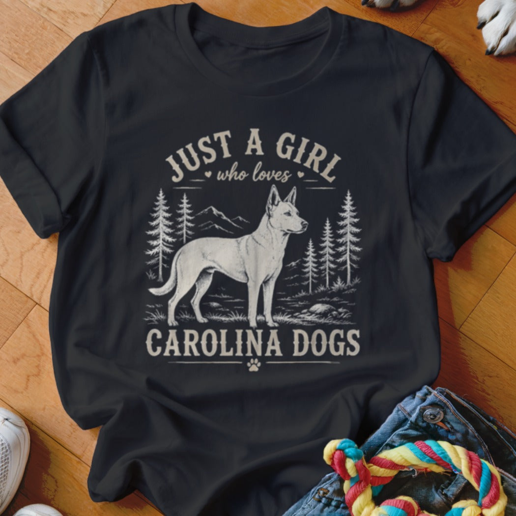 Black t-shirt with "Just a girl who loves Carolina Dogs" and a dog graphic.
