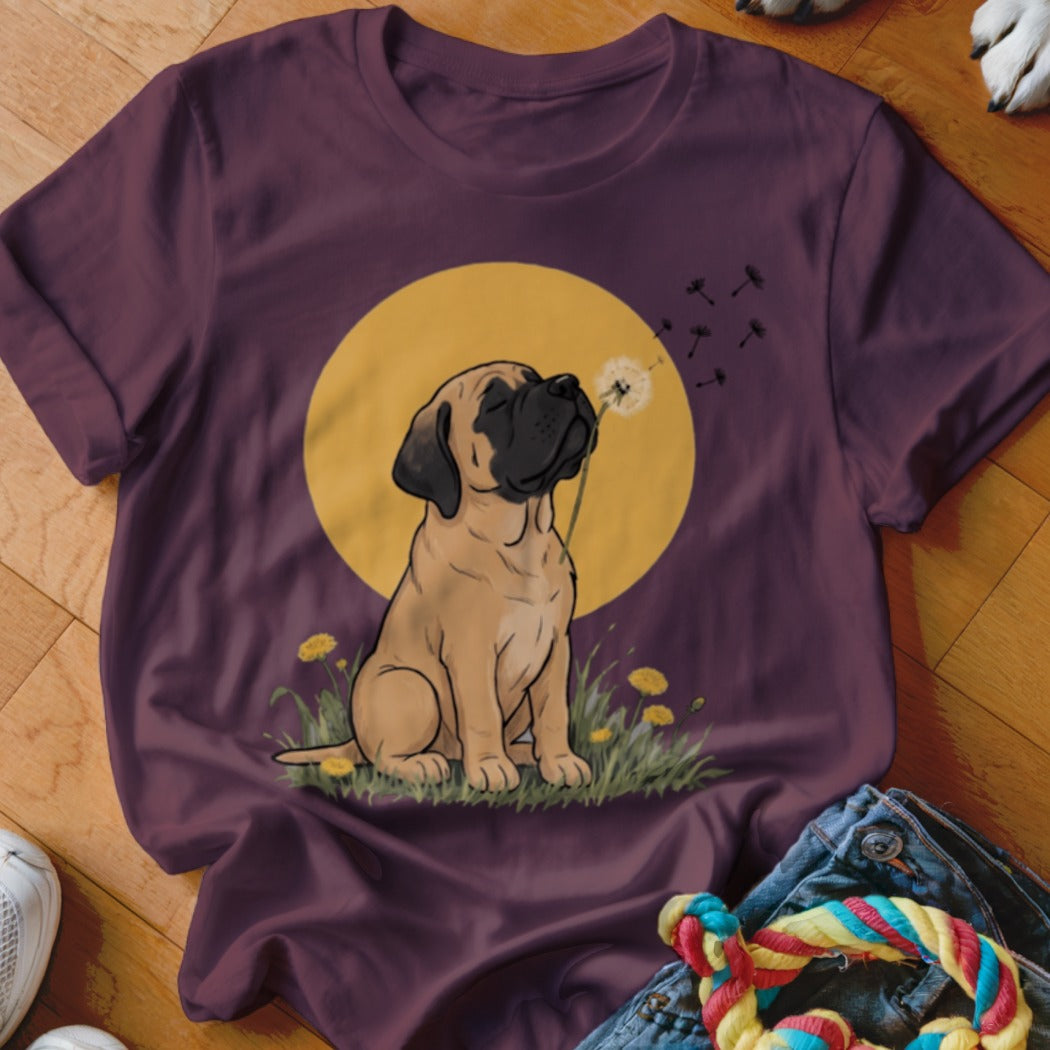 A dark purple crewneck t-shirt featuring a graphic of a mastiff puppy blowing a dandelion against a yellow circle.