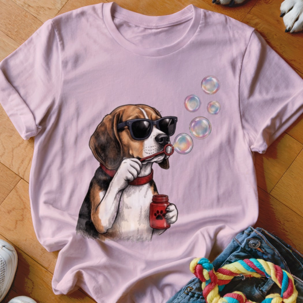 Light pink t-shirt featuring a beagle wearing sunglasses and blowing bubbles.