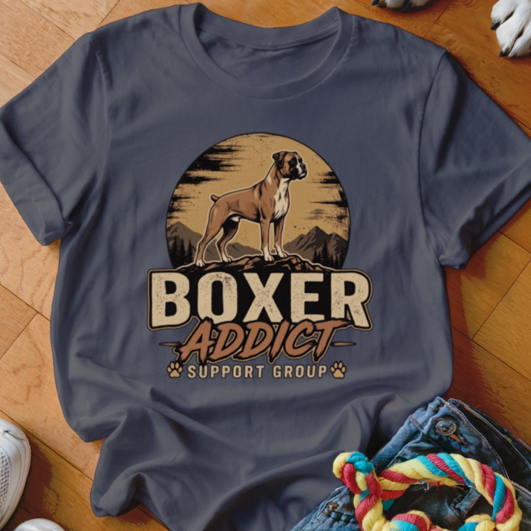 Dark gray t-shirt with a vintage graphic of a Boxer dog and the text Boxer Addict Support Group.