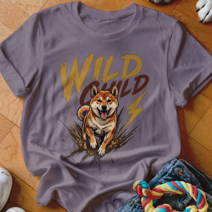 A purple t-shirt featuring a graphic of a running Shiba Inu and the text Wild Child.