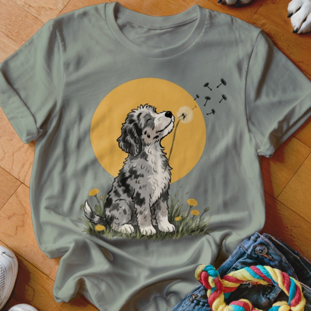 Sage green t-shirt featuring an illustration of a puppy blowing dandelion seeds against a yellow sun.