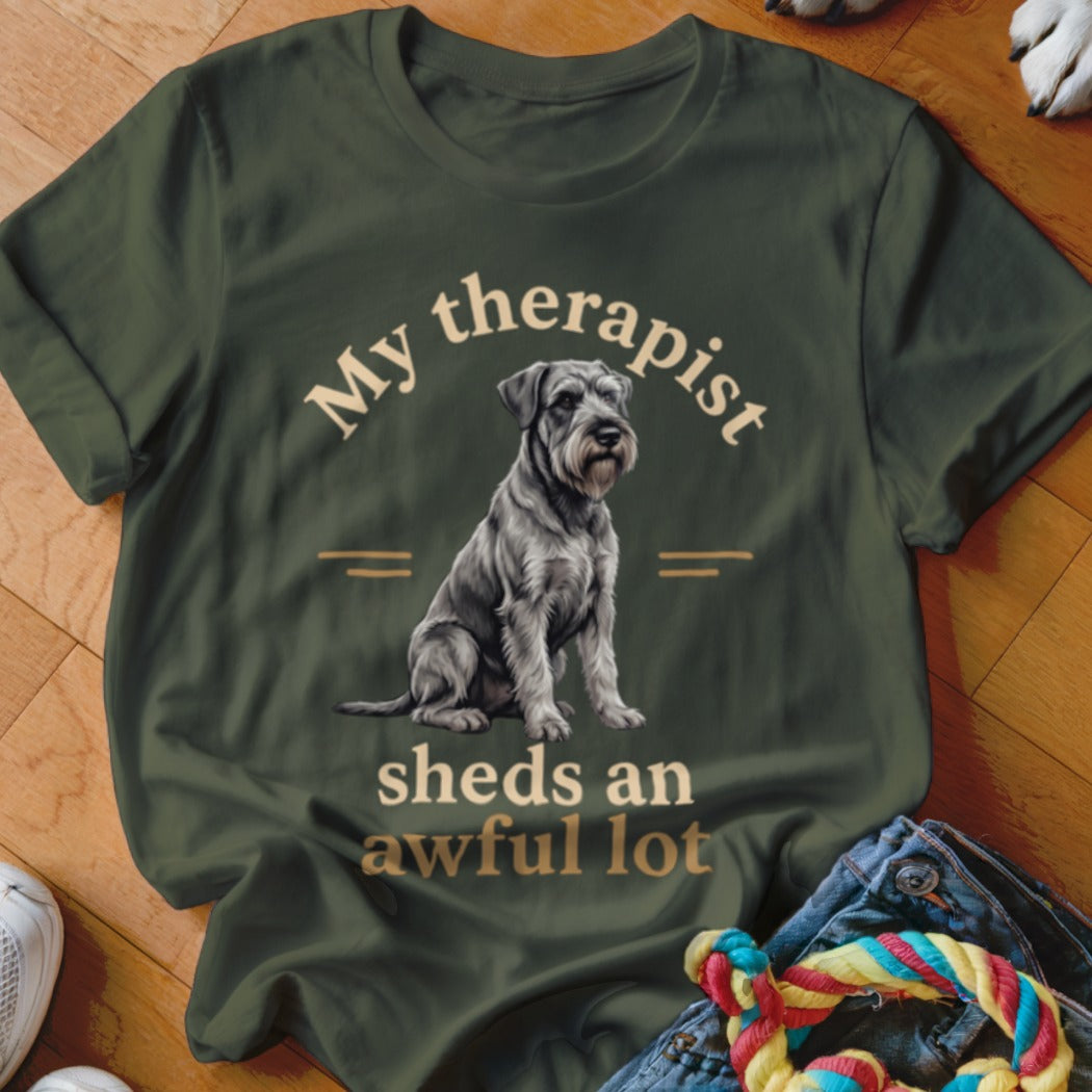 Green t-shirt with a Schnauzer dog graphic and text "My therapist sheds an awful lot".