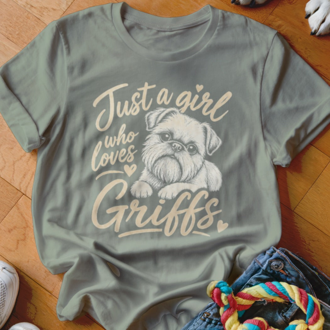 T-shirt with text "Just a girl who loves Griffs" and a sketch of a Brussels Griffon.