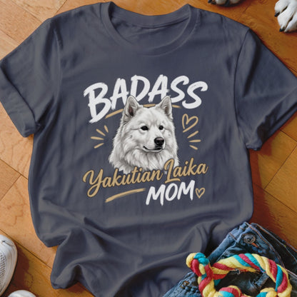 Dark gray crewneck t-shirt featuring a white Yakutian Laika graphic and the text Badass Yakutian Laika Mom.