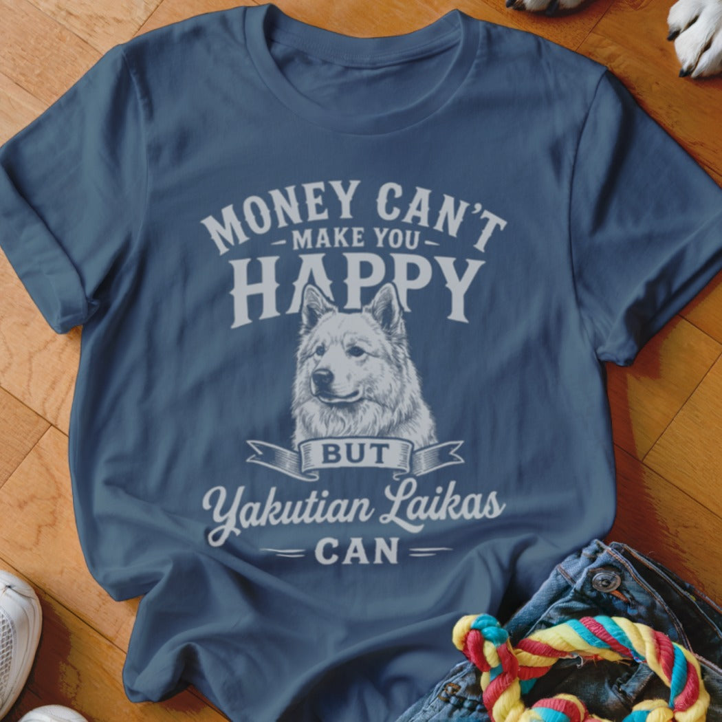 Navy t-shirt with "Money Can't Make You Happy But Yakutian Laikas Can" and dog graphic.