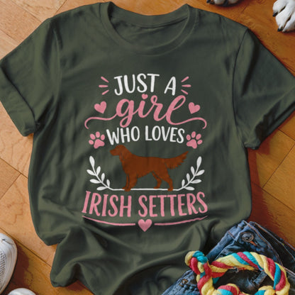 Green t-shirt with "Just a girl who loves Irish Setters" text and a dog illustration.