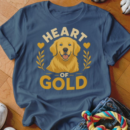 Blue t-shirt with a Golden Retriever graphic and text "HEART OF GOLD".