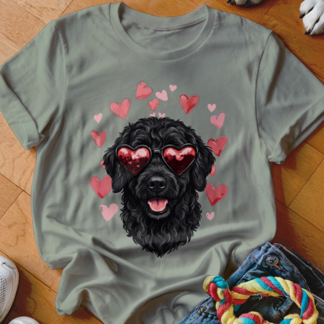 Olive green t-shirt featuring a graphic of a black poodle wearing heart-shaped sunglasses surrounded by floating pink hearts.