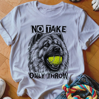 White t-shirt with illustration of a dog holding a tennis ball in its mouth, text reads "NO TAKE ONLY THROW".