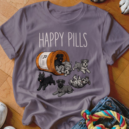 Schnauzer puppies spilling from a prescription bottle, with "Happy Pills" text.