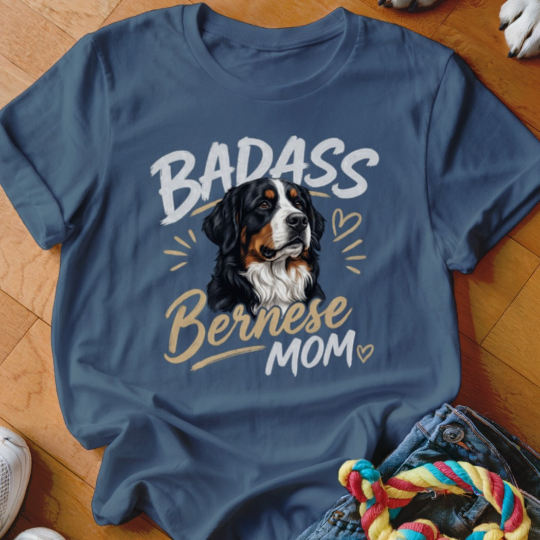 Dark blue crewneck t-shirt featuring a Bernese Mountain Dog illustration with the text BADASS Bernese MOM.