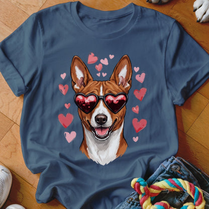 Navy blue t-shirt featuring a graphic of a brown and white dog wearing heart-shaped sunglasses surrounded by pink hearts.