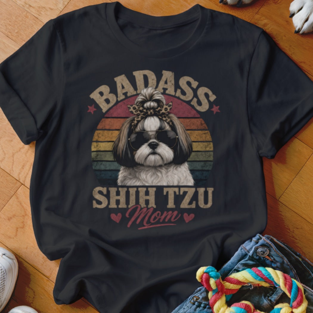 Black t-shirt with a Shih Tzu dog wearing sunglasses and a headband, text "Badass Shih Tzu Mom".