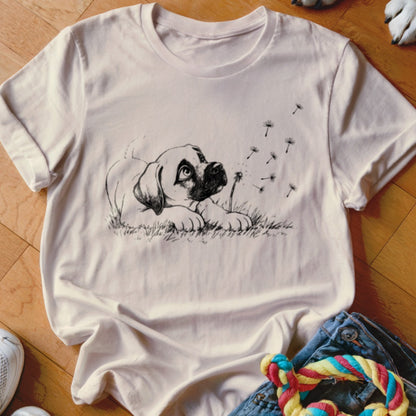 Light pink t-shirt featuring a black line drawing of a puppy looking up at dandelion seeds.