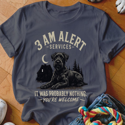 T-shirt graphic with a black dog, cabin, trees, and text "3 AM ALERT SERVICES."