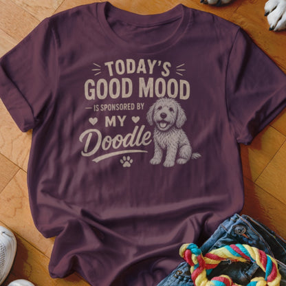 Maroon t-shirt with text "Today's Good Mood is Sponsored by My Doodle" and a doodle dog graphic.