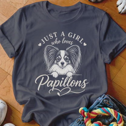 T-shirt with Papillon dog graphic and text "Just a girl who loves Papillons".