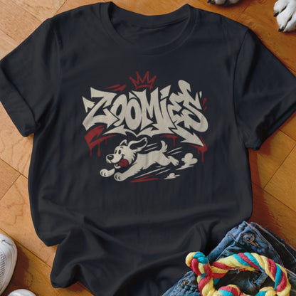 Black t-shirt with "Zoomies" graffiti text and a running dog graphic.