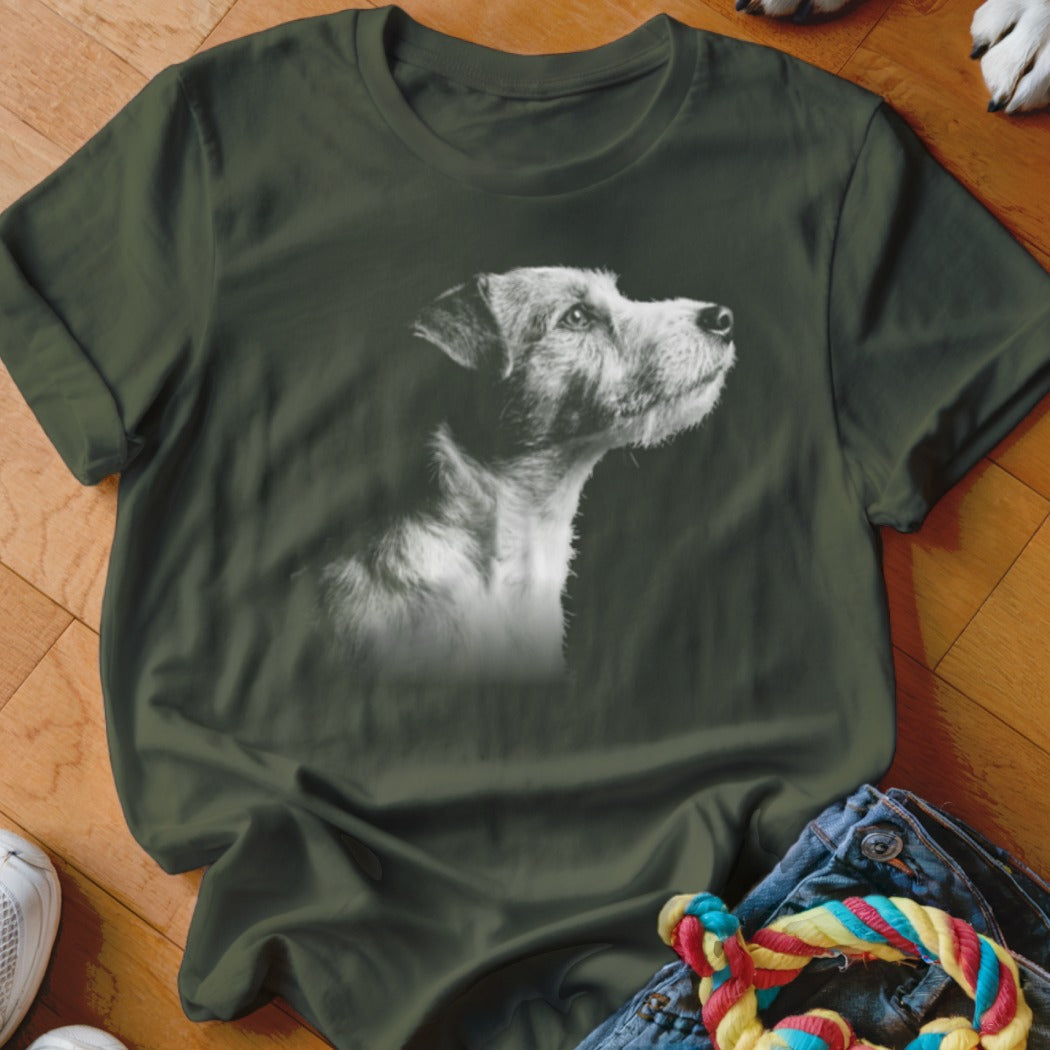 T-shirt with black and white portrait of a scruffy dog looking to the right.