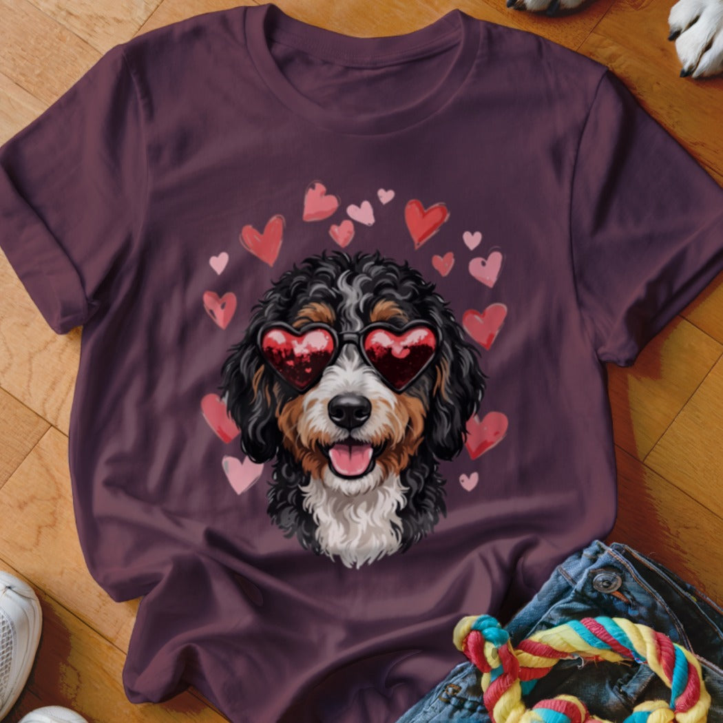 A dark maroon crewneck t-shirt featuring a graphic of a Bernedoodle wearing heart-shaped sunglasses surrounded by floating pink and red hearts.