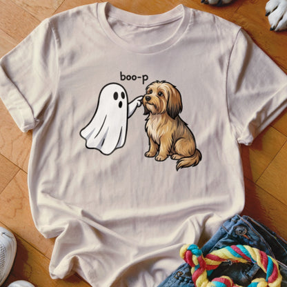 Ghost booping dog with "boo-p" text on a light cream t-shirt.