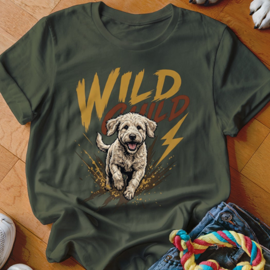 An olive green t-shirt with a graphic of a running puppy and the text Wild Child.