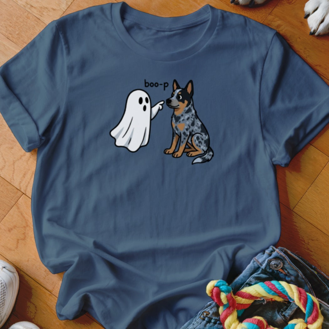 Ghost saying "boo-p" to a blue heeler dog on a blue t-shirt.