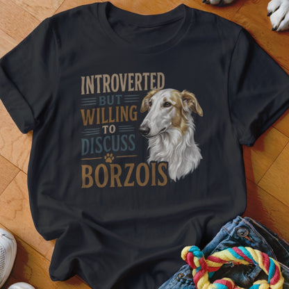 Black t-shirt with illustration of Borzoi dog and text "Introverted but willing to discuss Borzois."
