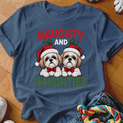 Shih Tzu dogs in Santa hats with "Naughty and Naughtier" text.