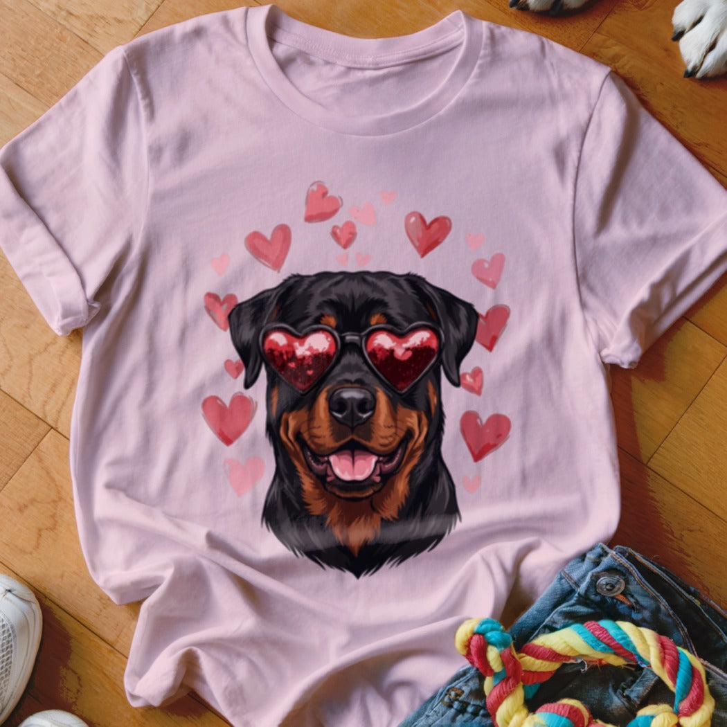 Pink t-shirt featuring a Rottweiler wearing heart-shaped sunglasses surrounded by floating pink hearts.