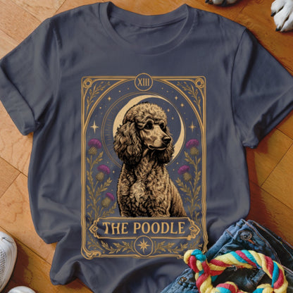 Dark gray t-shirt featuring a tarot card style graphic of a poodle with the text THE POODLE.